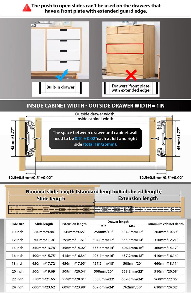 YENUO Push to Open Drawer Slides Full Extension Rail 12 14 16 18 20 22 24 inch handleless Side Mount Dresser Cabinet Bracket Replacement Ball Bearing Tracks kit Guide Runner 100lb 1Pair - Image 2